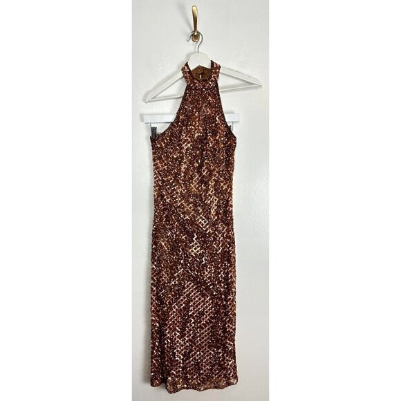 MAC DUGGAL Sequin Plaid Halter Neck Cocktail Dress in Copper Size US 4 - Picture 3 of 8